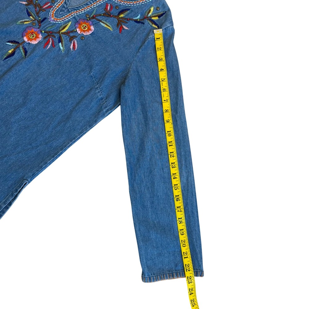 Tantrums Womens Medium Blue‎ Denim Embroidered Floral Boho Tunic Top Cotton M - Picture 11 of 15